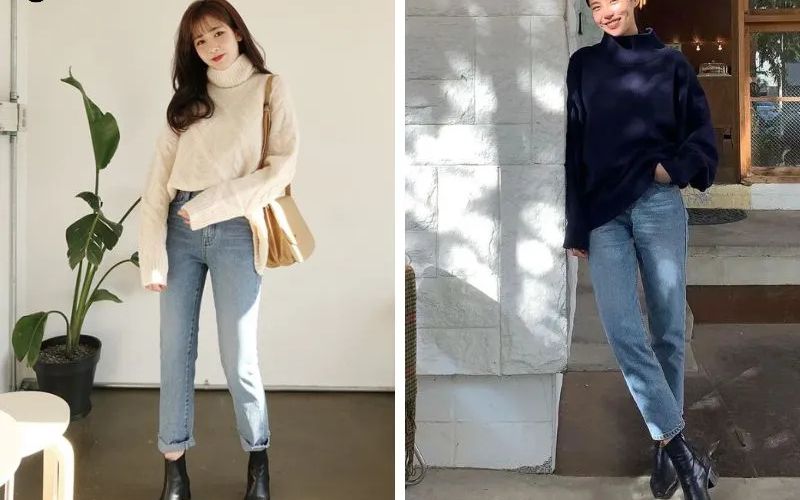 Áo Len Cổ Lọ Với Quần Jeans Cạp Cao