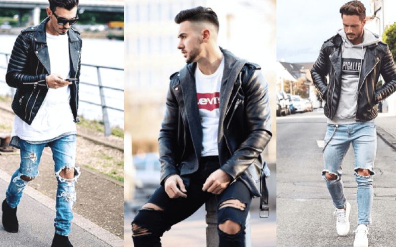 Áo khoác bomber kết hợp áo thun và quần jeans rách