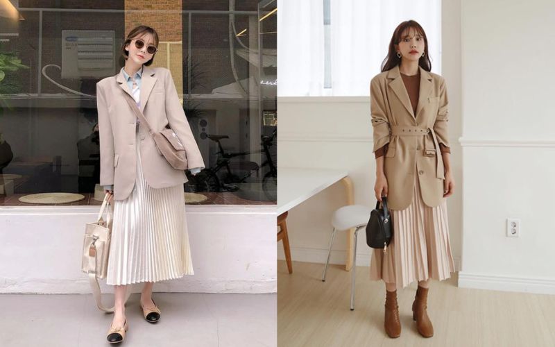 Chân váy xếp ly mix cùng áo blazer