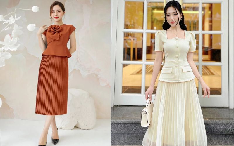 Chân váy xếp ly và áo peplum