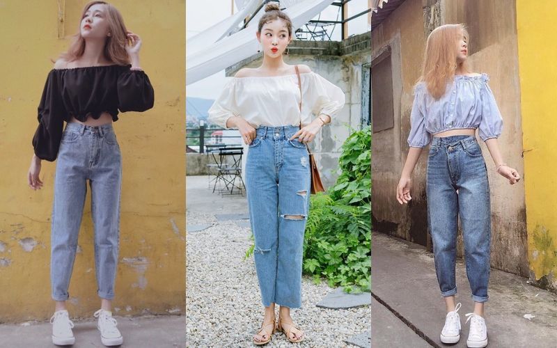 Kết Hợp Quần Baggy Jeans Cùng Áo Trễ Vai