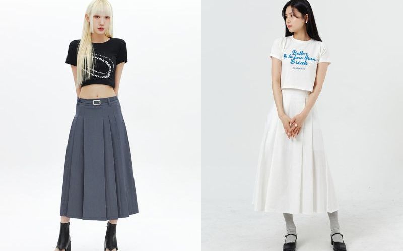 Mix áo croptop với váy xếp ly trẻ trung