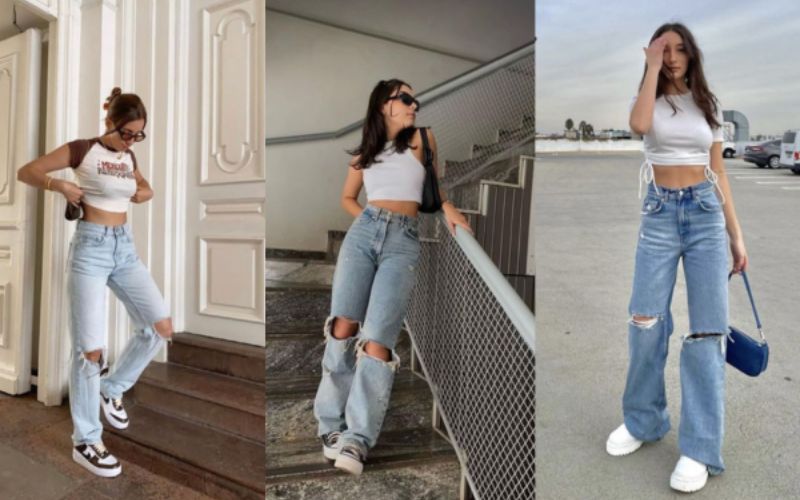 Mix quần jeans rách gối với áo croptop