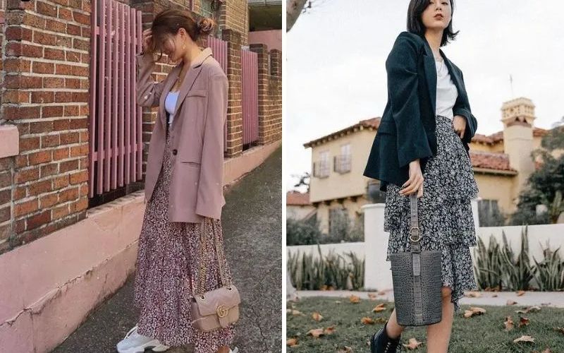 Phối áo blazer nữ với váy hoa nhí dịu dàng