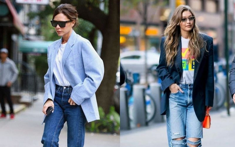 Phối quần jeans rách gối với áo blazer